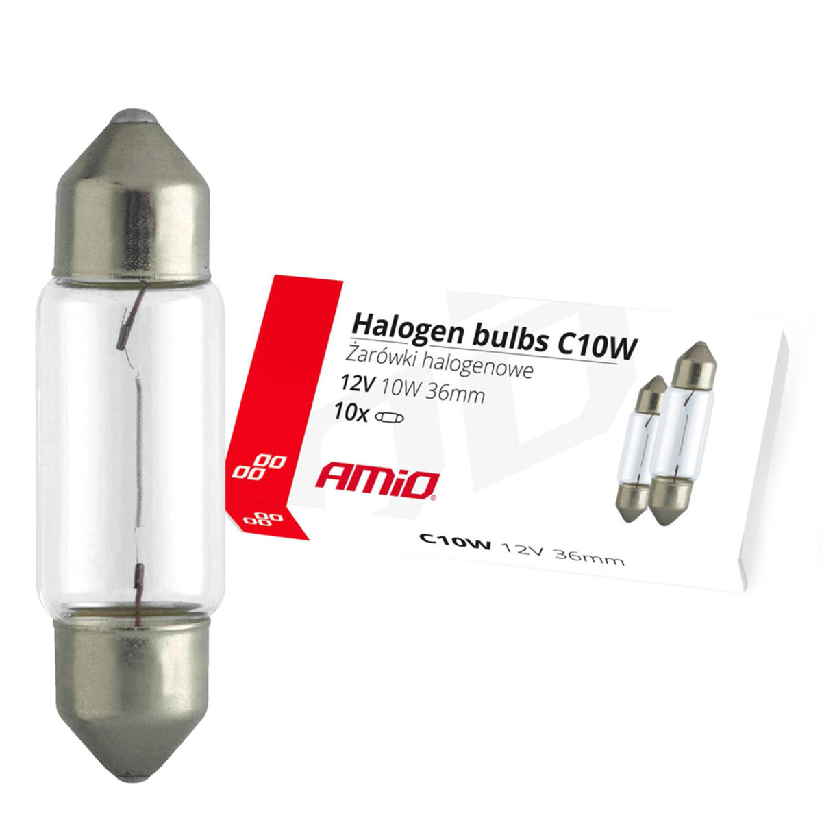ΛΑΜΠΑΚΙΑ ΠΛΑΦΟΝΙΕΡΑΣ C10W 24V 10W 36mm ΑΛΟΓΟΝΟΥ ΚΟΥΤΙ AMIO - 10 ΤΕΜ. - Image 1