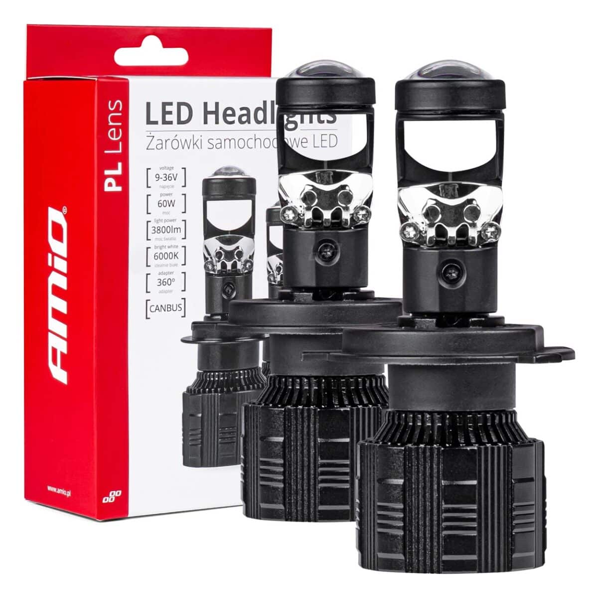 ΛΑΜΠΕΣ H4 PL-LENS SERIES 9>36V 60W 5.000K 3.800lm LED 2x4575 SMD CAN-BUS ΜΕ ΠΡΟΤΖΕΚΤΟΡΑ AMIO - 2 Τεμ. - Image 1