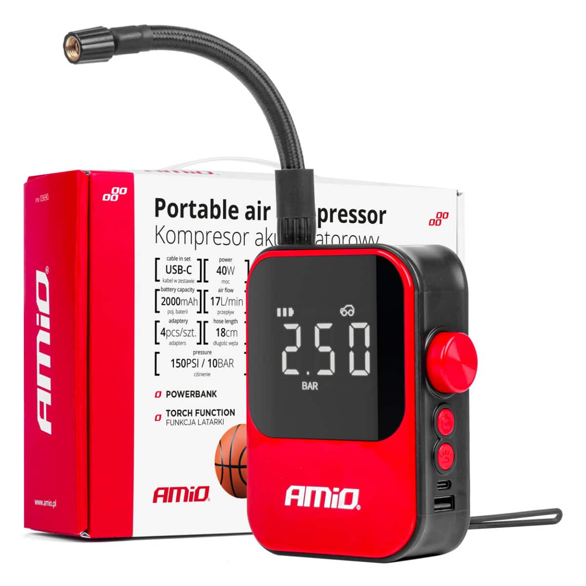 ΚΟΜΠΡΕΣΕΡ ΑΕΡΑ 7,4V 10bar/150psi 40W ΦΟΡΤΙΣΗ ΜΕ USB / ΜΕ 5 ΑΝΤΑΠΤΟΡΕΣ ΚΑΙ ΨΗΦΙΑΚΗ ΕΝΔΕΙΞΗ AMIO - 1 Τεμ. - Image 1