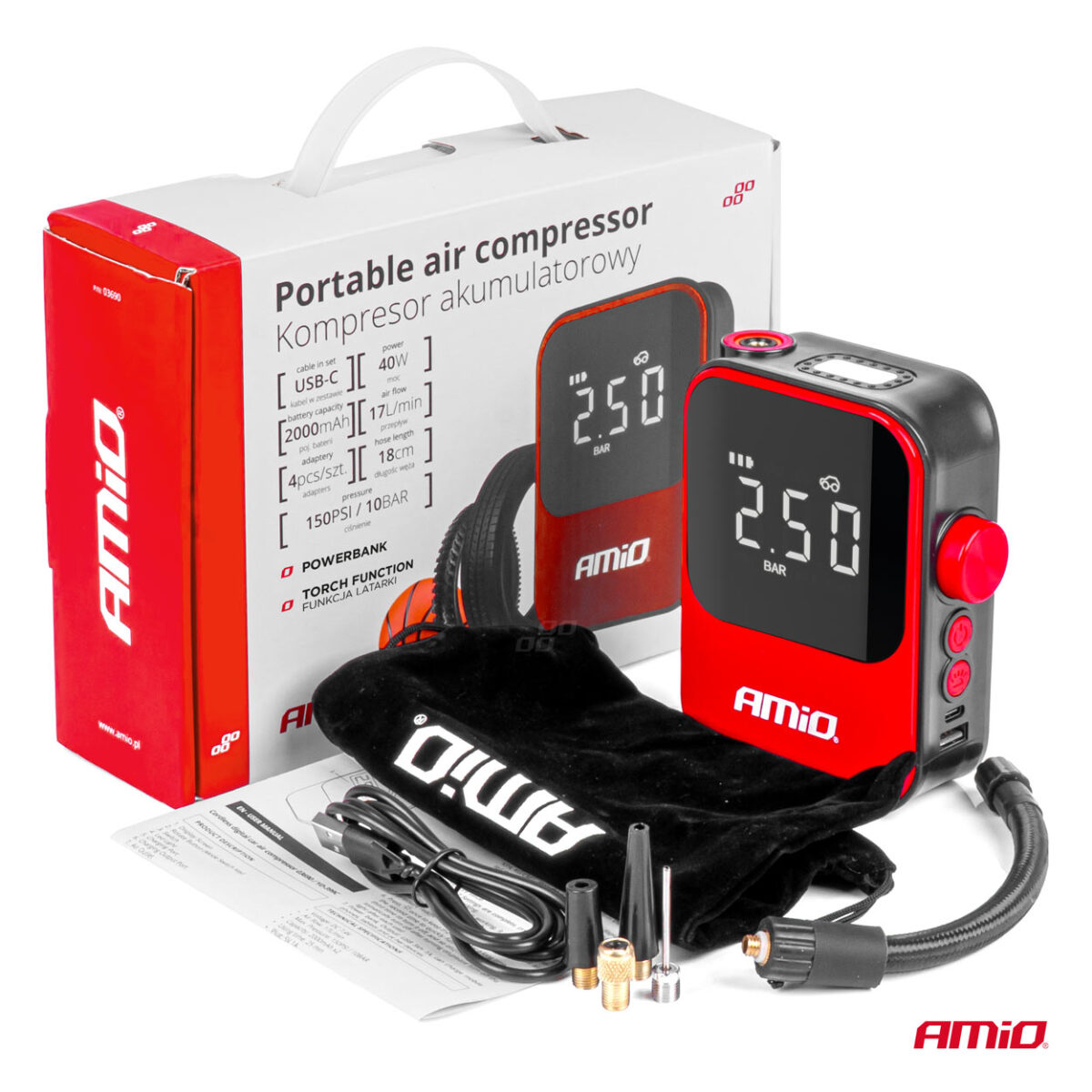 ΚΟΜΠΡΕΣΕΡ ΑΕΡΑ 7,4V 10bar/150psi 40W ΦΟΡΤΙΣΗ ΜΕ USB / ΜΕ 5 ΑΝΤΑΠΤΟΡΕΣ ΚΑΙ ΨΗΦΙΑΚΗ ΕΝΔΕΙΞΗ AMIO - 1 Τεμ. - Image 11