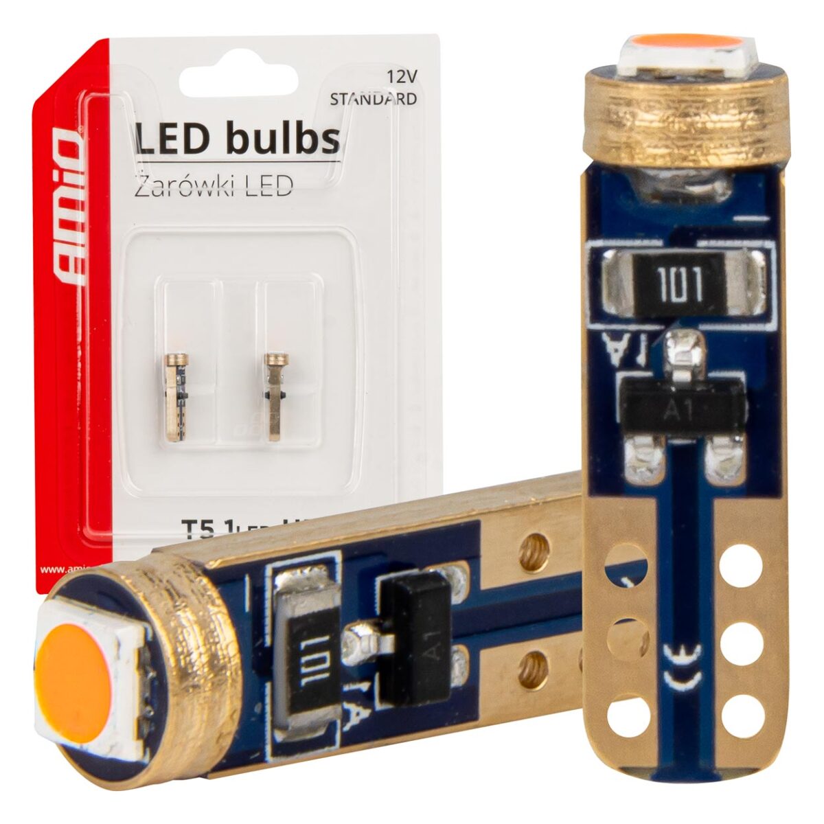 ΛΑΜΠΑΚΙΑ T5 W1W 12V 1SMD LED ΚΟΚΚΙΝΑ AMIO - 2 ΤΕΜ. - Image 1
