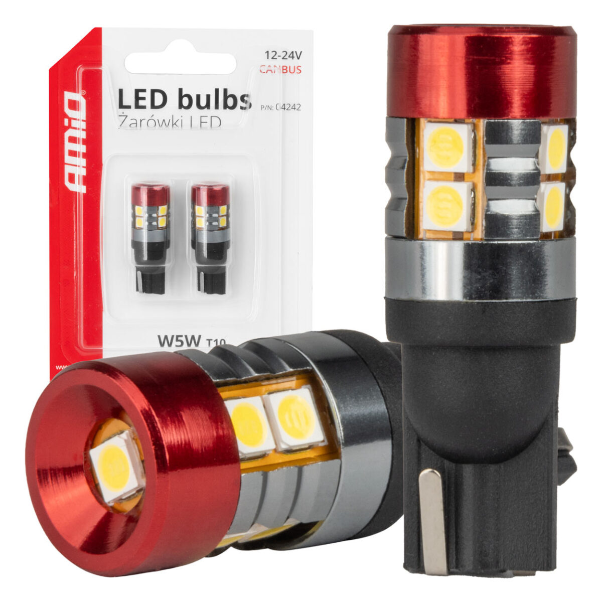 ΛΑΜΠΑΚΙΑ LED T10 W5W 12V/24V LED CAN-BUS 9xSMD 3030 ΛΕΥΚΟ ΦΩΣ 5.500K (ΣΕ ΧΡΩΜΑ ΚΟΚΚΙΝΟ-ΜΑΥΡΟ) AMIO - 2 ΤΕΜ. - Image 1