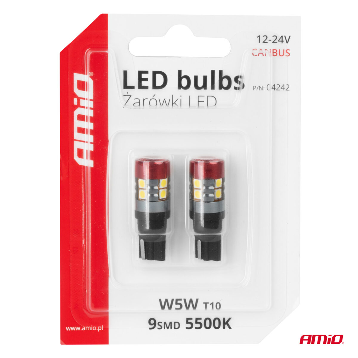ΛΑΜΠΑΚΙΑ LED T10 W5W 12V/24V LED CAN-BUS 9xSMD 3030 ΛΕΥΚΟ ΦΩΣ 5.500K (ΣΕ ΧΡΩΜΑ ΚΟΚΚΙΝΟ-ΜΑΥΡΟ) AMIO - 2 ΤΕΜ. - Image 5