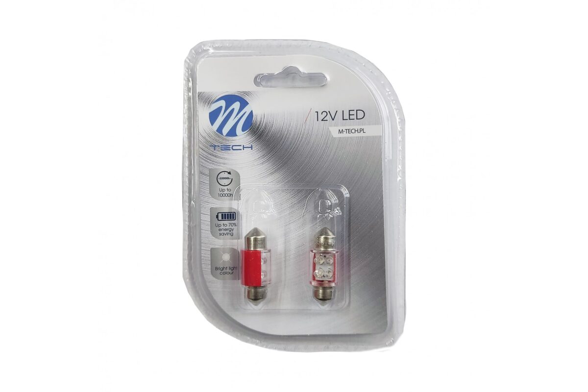 ΛΑΜΠΑΚΙΑ ΠΛΑΦΟΝΙΕΡΑΣ C5W/C10W 12V 0,49W SV8,5 31mm LED 4xFlux 3mm ΚΟΚΚΙΝΟ BLISTER 2ΤΕΜ. M-TECH - Image 1